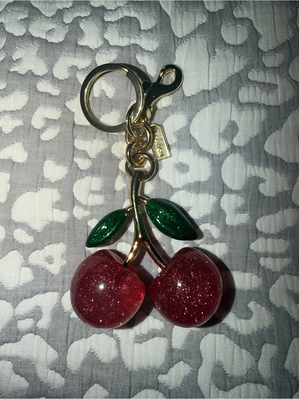 Gold Cherry Keychain/Bag Charm with Pink Glitter Cherries and Green Leaves